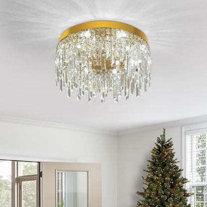 VETRULUS Gold Crystal Chandeliers for Dining Room 15.74" Round Luxury Flush Mount Crystal Ceiling Light Fixture Modern Chandelier for Bedroom Living Room Kitchen Island