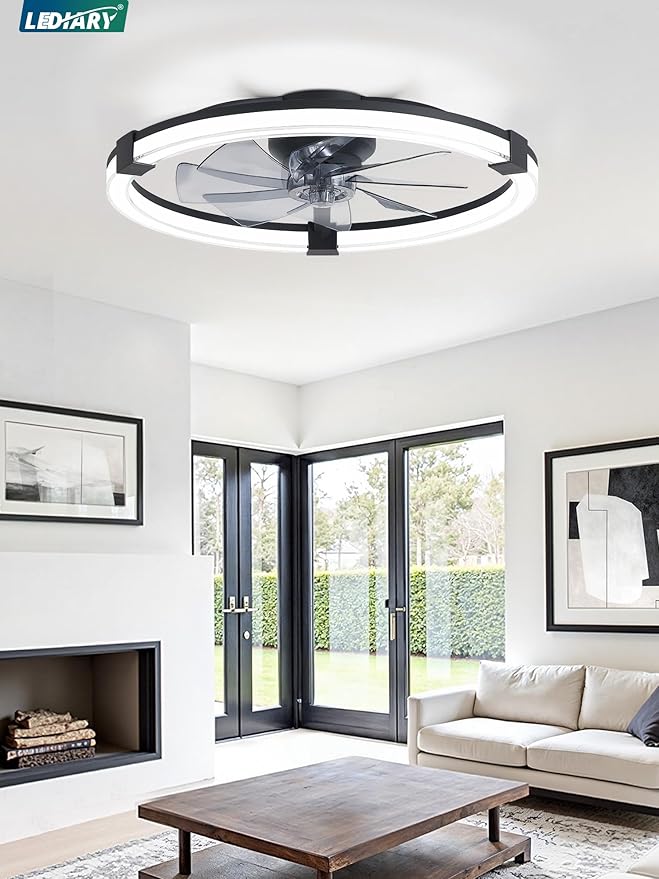 LEDIARY Ceiling Fans with Lights, 23 Inch Low Profile Ceiling Fan with Remote, 6 Speeds, Reversible, Dimmable Flush Mount Fan Light, Modern Fandelier Ceiling Fan with Lights for Bedroom, Black