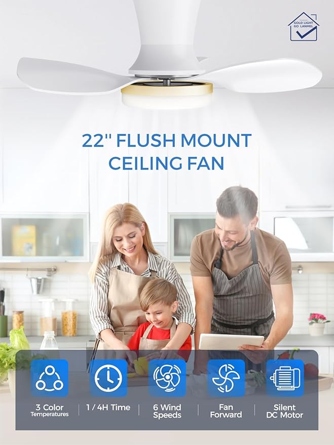 LANMEL 22 Inch Flush Mount Ceiling Fan with Light and Remote, Low Profile Modern Ceiling Fan, 6 Speed, Reversible, 3000k-6500k Dimmable LED, Quiet DC Motor for Indoor Outdoor, White Gold
