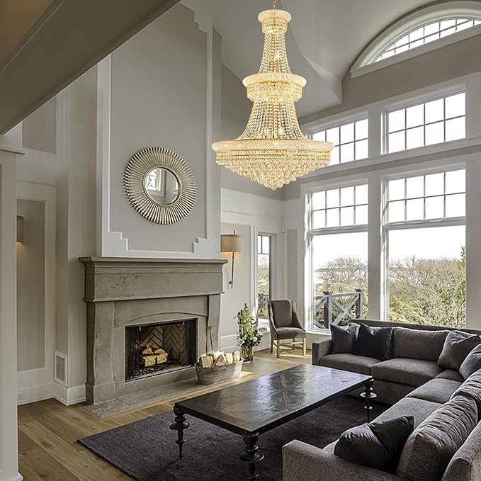 19-Lights Gold Large Crystal Chandelier Light Fixture, 3-Layer Luxury Empire Chandeliers Modern High Ceiling Hanging Chandelier for Living Room,Foyer,Staircase,Entryway (Gold,D31.5 x H47)