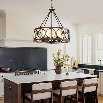 21'' Farmhouse Chandelier, 6-Light Walnut Wood Grain Dining Room Light Fixture Over Table, Rustic Industrial Drum Hanging Pendant Lights Fixture for Kitchen Island Bedroom Hallway Foyer Entryway