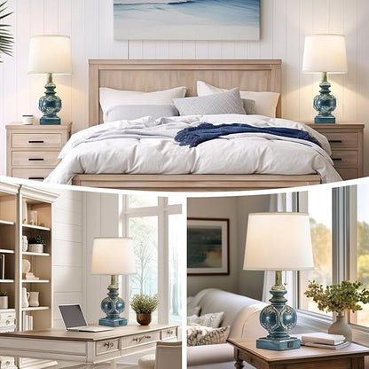 20.75" Farmhouse Table Lamps for Bedroom Set of 2, Rustic Bedside Lamps with 2 USB Port, Retro side table lamp Antique Nightstand Lamp for Living Room End Table Office Country, Traditional Washed Blue
