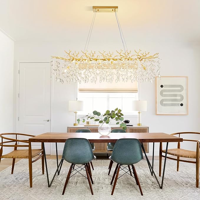 Modern Tree Branch Crystal Chandelier 47.2" Gold Large Rectangular Pendant Lighting 14-Light K9 Crystal Chandeliers for Dining Room Kitchen Living Room Foyer Entryway (Gold, L47.2-Rectangle)
