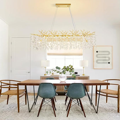 Modern Tree Branch Crystal Chandelier 47.2" Gold Large Rectangular Pendant Lighting 14-Light K9 Crystal Chandeliers for Dining Room Kitchen Living Room Foyer Entryway (Gold, L47.2-Rectangle)
