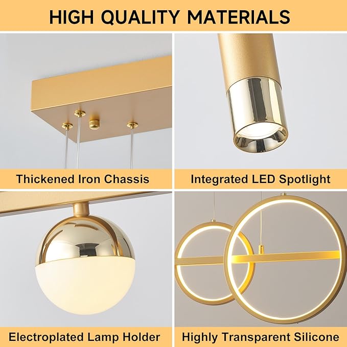 ORANOOR LED Gold Chandeliers for Dining Room, 39in Dimmable Modern Chandelier Gold Pendant Lights for Kitchen Island, Linear Ring Globe Pendant Light Fixtures Dining Room Lights Ceiling Hanging