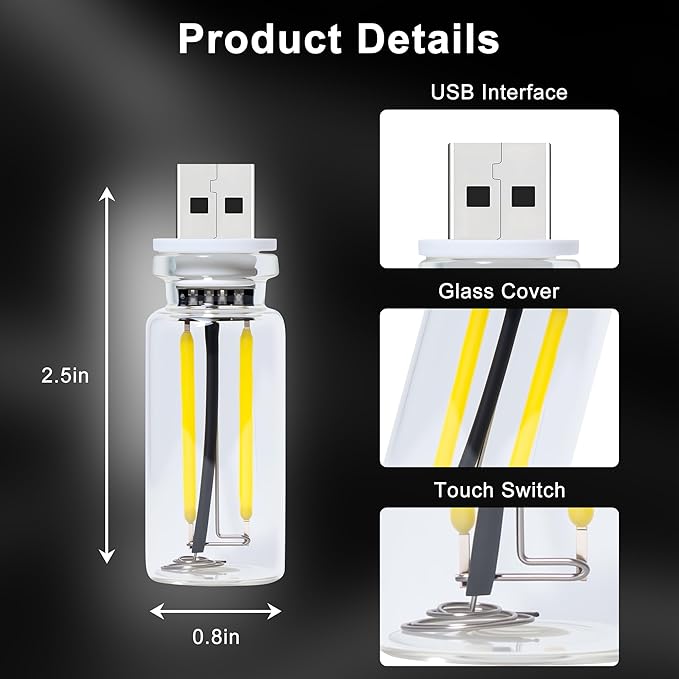 2 Packs USB Light for Car, Touch Dimmable Car Interior Ambient Lights - Portable Mini USB LED Light Bulb, Retro Glass Bottle Night Light for Vehicle, Bedroom, Hallway, Camping (White)