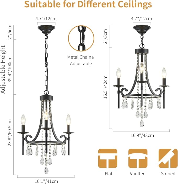 Small Crystal Chandelier, 3-Lights Modern Black Chandeliers for Dinning Room, Wagon Wheel Black Chandelier, Farmhouse Hanging Pendant Light Fixture for Bedroom Hallway Entryway Bar Kitchen Bathroom