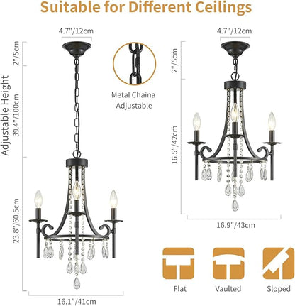 Small Crystal Chandelier, 3-Lights Modern Black Chandeliers for Dinning Room, Wagon Wheel Black Chandelier, Farmhouse Hanging Pendant Light Fixture for Bedroom Hallway Entryway Bar Kitchen Bathroom