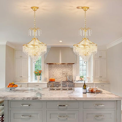 WUZUPS Clear Crystal Chandelier Pendant Flushmount Ceiling Light Modern Lighting Fixture for Bedroom Hallway Bar Kitchen Bathroom, H 20.1" x W 14.7", Gold, G9 Base