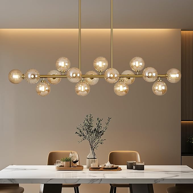 55" Long Brass Gold Chandeliers for Dining Room Kitchen Island, Large Globe Sputnik Linear Chandelier, 16 Lights Mid Century Modern Light Fixture Over Table, Amber Bubble, GC-08