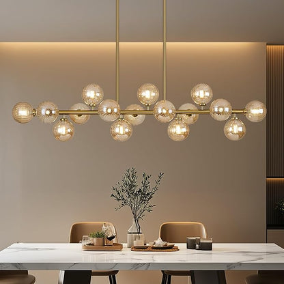55" Long Brass Gold Chandeliers for Dining Room Kitchen Island, Large Globe Sputnik Linear Chandelier, 16 Lights Mid Century Modern Light Fixture Over Table, Amber Bubble, GC-08