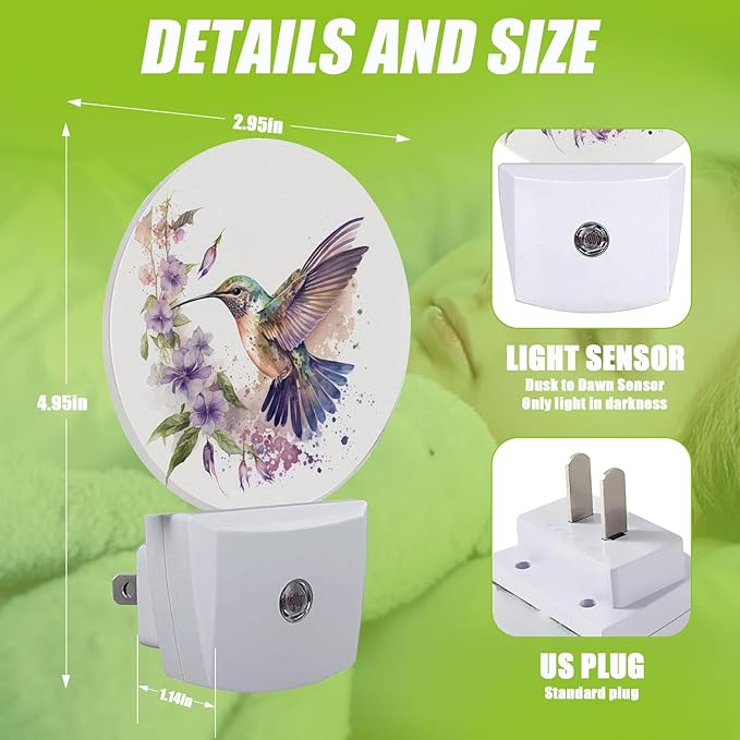 Groovy Hummingbird Flowers Night Light,Night Lights Plug into Wall for Kitchens Toilets Bedroom Decorative Half Round Nightlight Led Lamp 0.5W Sleep Friendly