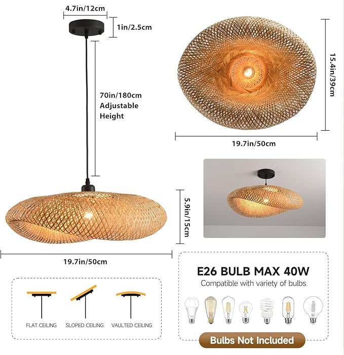 19.7in Farmhouse Bamboo Pendant Light Rattan Woven Chandelier for Dining Room Boho Lights Fixture Kitchen Island Wicker Hanging Lighting for Restaurants Breakfast Nook Foyer Entryway Porch