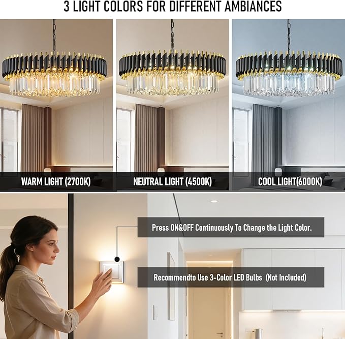 Black and Gold Crystal Chandelier 30'' K9 Crystal Luxury Round Pendant Lights Adjustable 6-Tier 12-Lights Large Modern Crystal Chandelier Light for Dining Room Living Room Foyer Entryway
