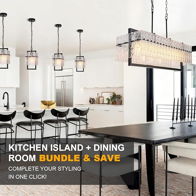 Modern Black Pendant Lights Kitchen Island, Crystal Kitchen Island Lighting with Water Ripple Glass Pendant Light Fixtures Elegant Chandeliers for Dining Room Hallway, Height Adjustable UL Listed