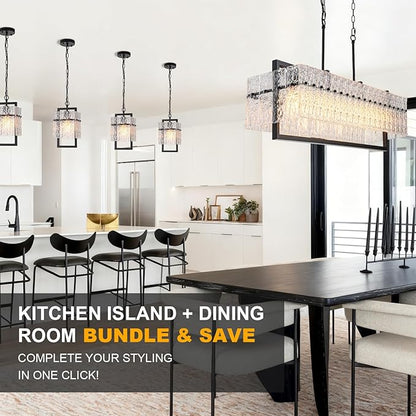 Modern Black Pendant Lights Kitchen Island, Crystal Kitchen Island Lighting with Water Ripple Glass Pendant Light Fixtures Elegant Chandeliers for Dining Room Hallway, Height Adjustable UL Listed
