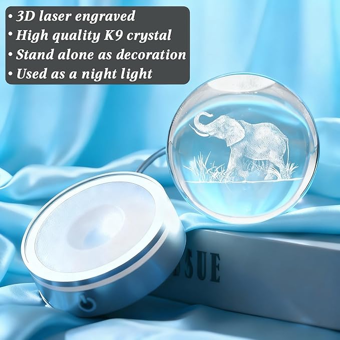 Elephant Gifts, 3D Elephant 3.15 Inch (80mm) Crystal Ball Lamp with Battery Powered, RGB Color Light for Birthday Xmas Cool Upgraded Animal Figurines Gifts for Room Decor Boys Girls