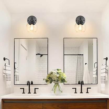 Black Bathroom Vanity Lights, 1-Light Wall Sconce with Glass Globe Shade, Vanity Lighting for Bathroom/Bedroom/Dressing Room, Vertical/Horizontal Mounted, E26 Bulb Base (Bulb Not Included)