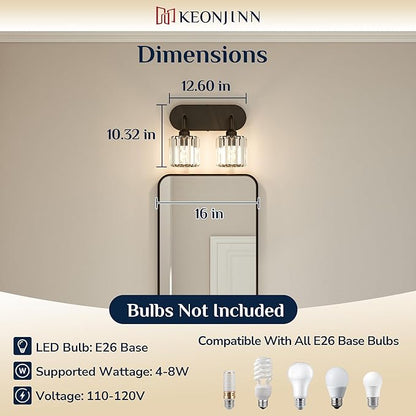 Keonjinn 2-Light Bathroom Light Fixtures, Crystal Black Bathroom Vanity Lights Over Mirror, Vanity Lighting Fixtures with Crystal Square Shades (E26 Base, Exclude Bulb)