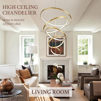 5 Ring Modern LED Chandelier Dimmable Gold High Ceiling Chandeliers for Foyer, LED Contemporary Large Pendant Lighting with Remote Control Circular for Living Room Staircase, 3000K-6500K