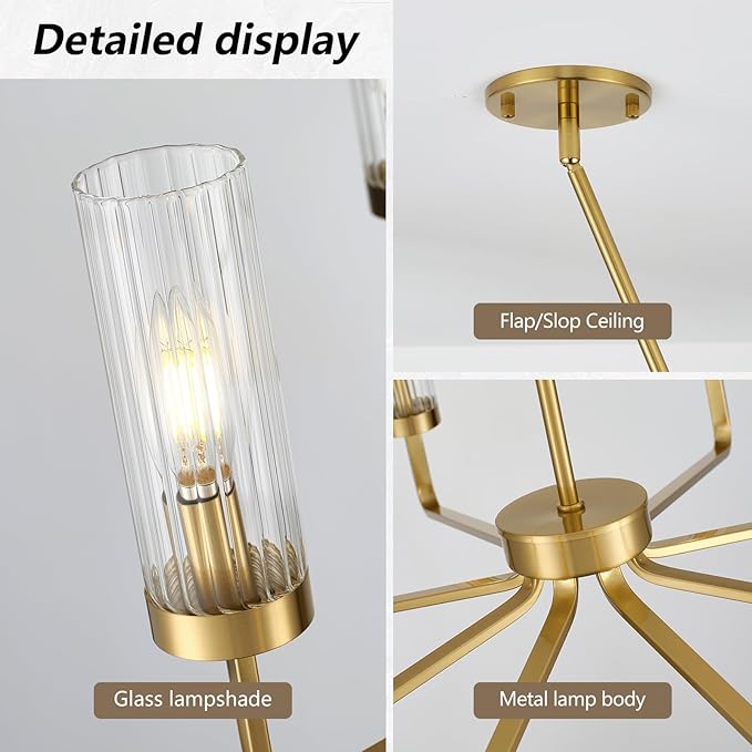 40" Brushed Gold Chandelier with Glass Shades, 8-Light Large Farmhouse Pendant Lights for Dining Room Living Room Bedroom Kitchen