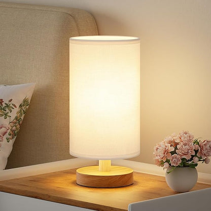 Fenmzee Small Table Lamp for Bedroom - Inline Control, Bedside Lamp with 3000K A15 LED Blub, Easy Assembly (White Shade - Wood Base, 9" Inline Control)