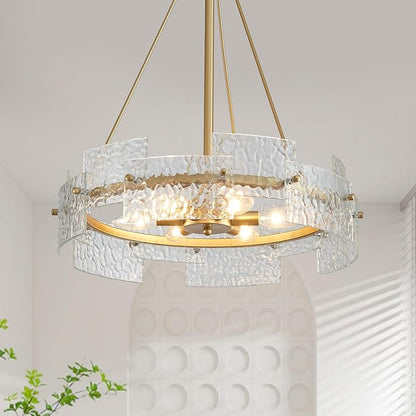 XINGQI 6-Light Modern Gold Glass Chandelier 19.7" Drum Light Fixture Round Water Ripple Pendant Lighting for Dining Room Living Room Kitchen Island Office