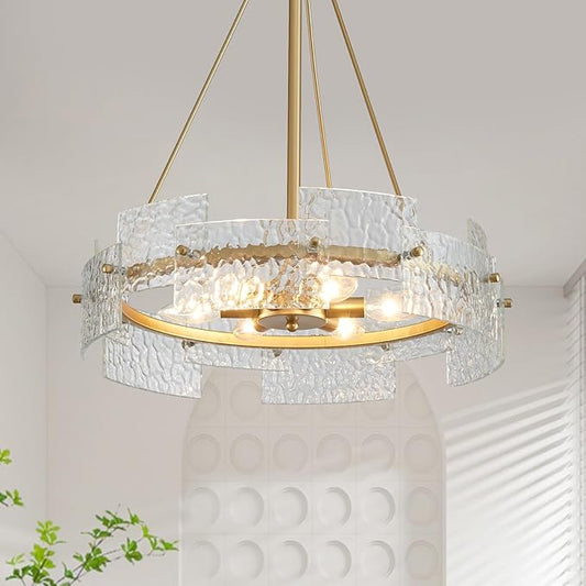 XINGQI 6-Light Modern Gold Glass Chandelier 19.7" Drum Light Fixture Round Water Ripple Pendant Lighting for Dining Room Living Room Kitchen Island Office