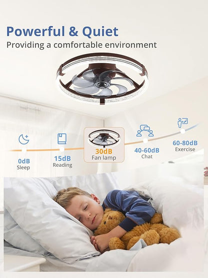 ZMISHIBO Low Profile Ceiling Fans with Lights, Flush Mount Modern Ceiling Fan and Remote Control, 20" LED Ceiling Fans, Stepless Dimmable 3 Colors and 6 Speeds (Brown, 20")
