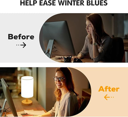 Caromolly Light Therapy Lamp, 10000 Lux Light with Remote Control, 3 Color Temperature & 4 Brightness Level & Timer, Daylight Lamp for Home, Office, Decoration(Wood Base White Shade)