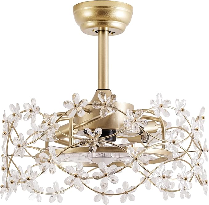 20" Gold Fandelier Ceiling Fan with Light, Flower Crystal Chandelier Ceiling Fan with Light and Remote Control, Modern Caged Enclosed 6 Speeds for Girl's Bedroom, Nursery, Living Room