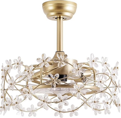 20" Gold Fandelier Ceiling Fan with Light, Flower Crystal Chandelier Ceiling Fan with Light and Remote Control, Modern Caged Enclosed 6 Speeds for Girl's Bedroom, Nursery, Living Room