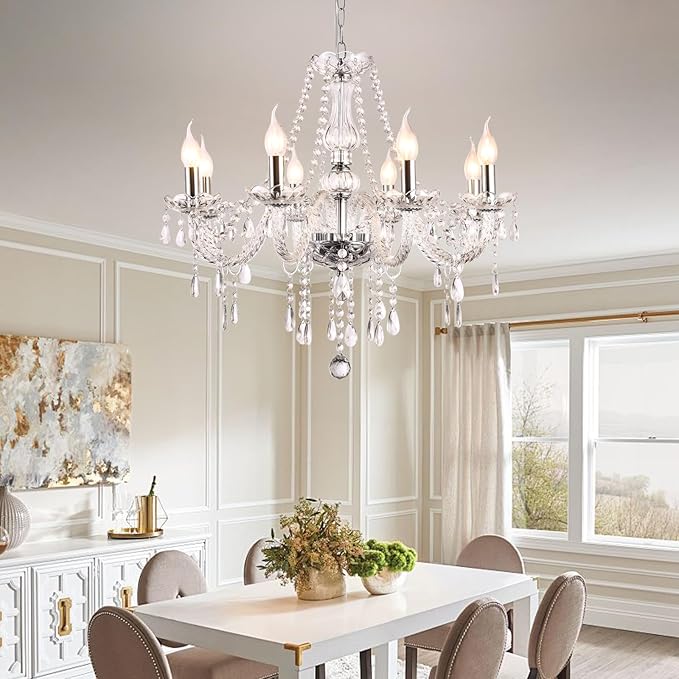 Baotree Modern Elegant 8 Lights K9 Crystal Glass Chandelier Pendant Ceiling Lighting European Style for Dining Living Room Bedroom Transparent, 8 E12 Bulbs Required