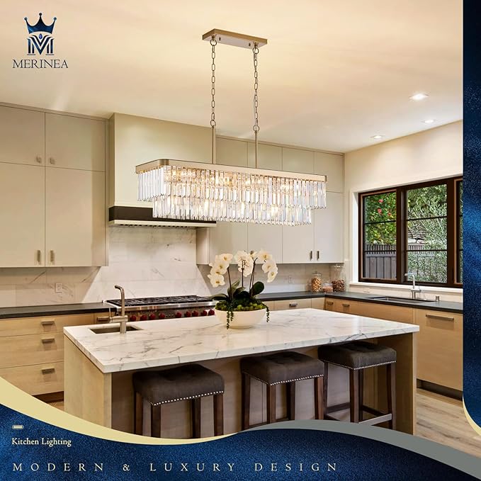 Rectangle Crystal Chandelier L40” 12 Lights Modern Gold Rectangular Long Chandeliers Luxury K9 Ceiling Pendant Light for Kitchen Island Dining Room Living Room Bar
