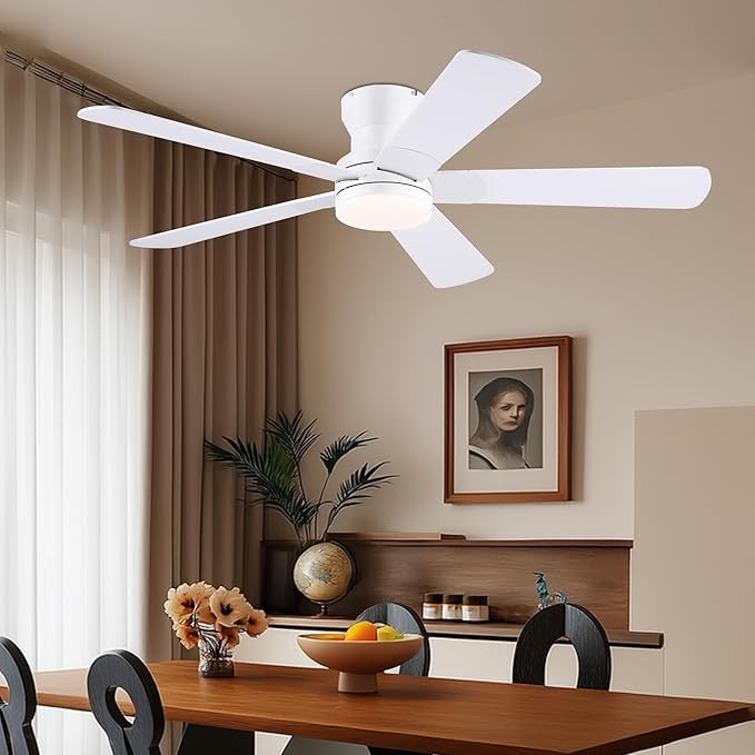 Ayaoty 52" White Ceiling Fans with Lights and Remote/APP - Flush Mount Low Profile Ceiling Fan with 5 Reversible Dual-Sided Blades, Dimmable, 1/2/4H Timer, Modern Indoor Fan Light for Kitchen, Bedroom