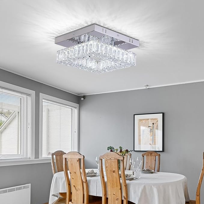 Dimmable Square Crystal Chandelier LED Mini Ceiling Light with Remote Flush Mount Small Chandelier Light for Hallway Foyer Kitchen Stair Closet, 3 Colors Adjustable Dimmable