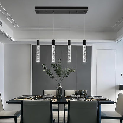 4 Light Pendant Lights Kitchen Island, Modern Matte Black Crystal Pendants with Dimmable 3000K-6000K LED Ceiling Hanging Light Fixture for Dining Room Bedroom, Adjustable Height 59"