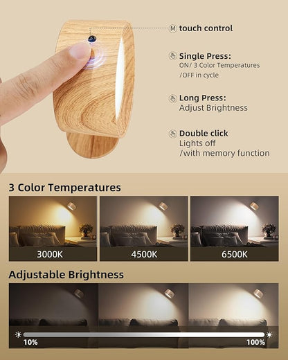 LED Wall Mounted Lights, Rechargeable Wall Sconces Lamp, 3 Color Temps & Remote and Touch, 360°Rotation Dimmable Cordless Wall Light for Study Bedroom Reading Bedside(Wood, 2 Pack)
