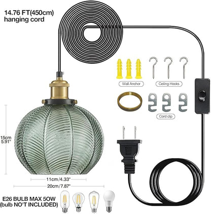 Modern Plug in Hanging Light 2-Light, 7.8 Inch Glass Pendant Light with Plug 14.76 FT Adjustable in Cord, Vintage Green Hanging Lamp for Dining Room Bedroom Kitchen Island Bathroom E26