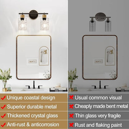 MOKATNG Bathroom Light Fixtures, 2-Light Coastal Vanity Lights with Crystal Glass Shade, Brown and Gold Bathroom Wall Lamp for Mirror Kitchen Hallway Cabinet