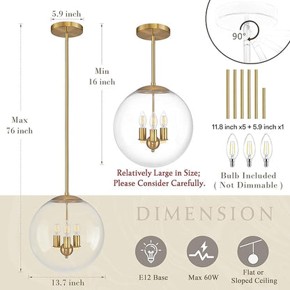 Bagood 14" Globe Pendant Light Contemporary Globe Pendant Lights Kitchen Island 3 Light Gold Mid Century Pendant Light Clear Glass with Brass Finish Adjustable Hanging Light Fixture for Dining Room