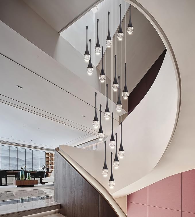 Modern Crystal Staircase Chandelier Polished Black 18-Lights, H118'' Large High Ceiling Spiral Dimmable LED Raindrop Foyer Entryway Light Fixture Remote Control