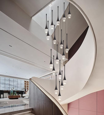Modern Crystal Staircase Chandelier Polished Black 18-Lights, H118'' Large High Ceiling Spiral Dimmable LED Raindrop Foyer Entryway Light Fixture Remote Control