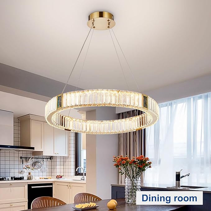 Depuley Modern LED Crystal Chandeliers: 23.6" Ring Chandelier Hanging Crystal Ceiling Light Fixture - 30W Adjustable Height Pendant Light for Living Room Dining Room Bedroom Foyer