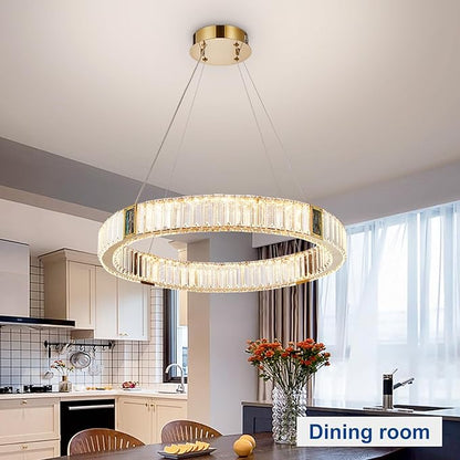 Depuley Modern LED Crystal Chandeliers: 23.6" Ring Chandelier Hanging Crystal Ceiling Light Fixture - 30W Adjustable Height Pendant Light for Living Room Dining Room Bedroom Foyer