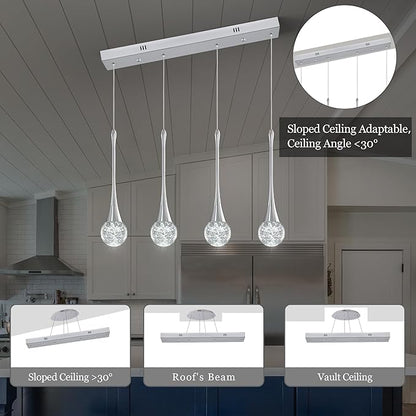 Modern Chrome Crystal Chandelier for Kitchen Island 4-Lights, Luxury Retangular Dimmable LED Bubble Raindrop Pendant Lighting Fixture for Dining Room Foyer Entryway Bedroom
