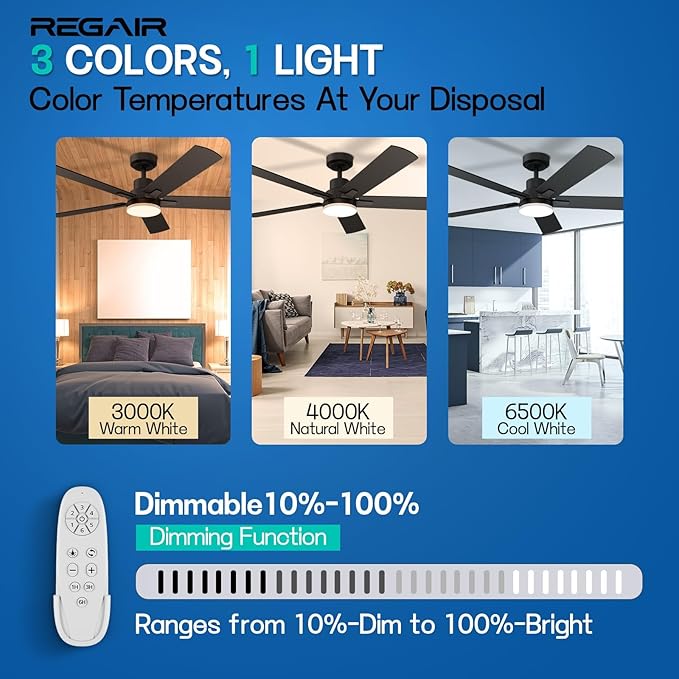 Ceiling Fan with Light 52-Inch, Remote Control Reversible DC Motors, 3CCT Dimmable Timer Noiseless, Black Ceiling Fan for Bedroom Living Room, Indoor&Outdoor ETL Listed