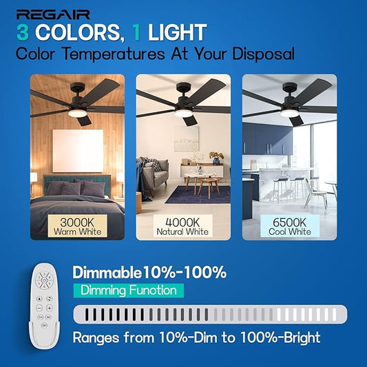 Ceiling Fan with Light 52-Inch, Remote Control Reversible DC Motors, 3CCT Dimmable Timer Noiseless, Black Ceiling Fan for Bedroom Living Room, Indoor&Outdoor ETL Listed