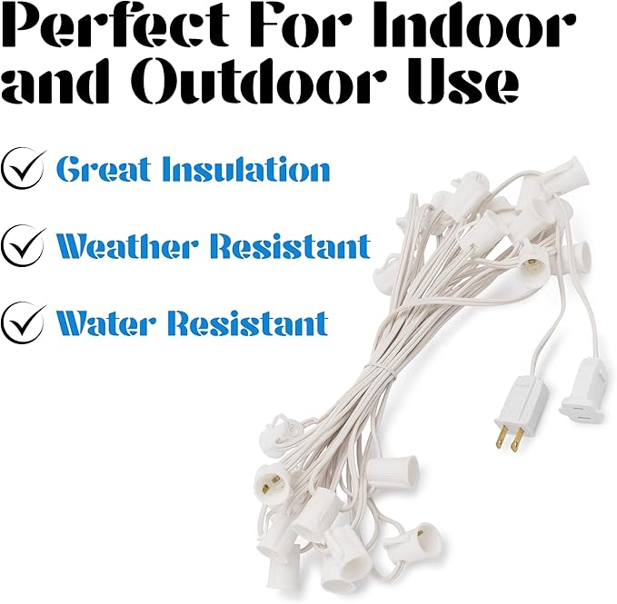 HLO Lighting C7 Light Strings | 50' White Cord with 12" Socket Spacing, E12 Light Stringer for C7 Christmas Lights