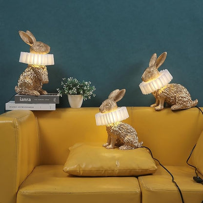 Gold Standing Bunny Lamp, Resin Scarf Rabbit Table Lamp with White Pleated PC Lampshade, USB Plug LED Nightstand Lamp, Cute Bedside Night Light for Bedroom Nursery Home Decor